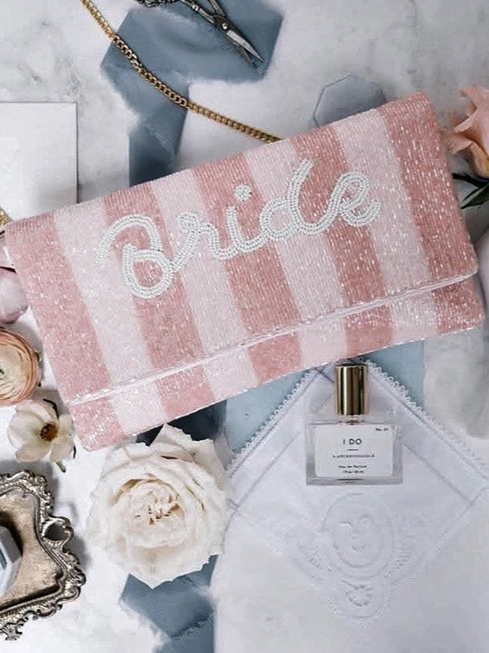 Pink & White Beaded Bridal Clutch Like New